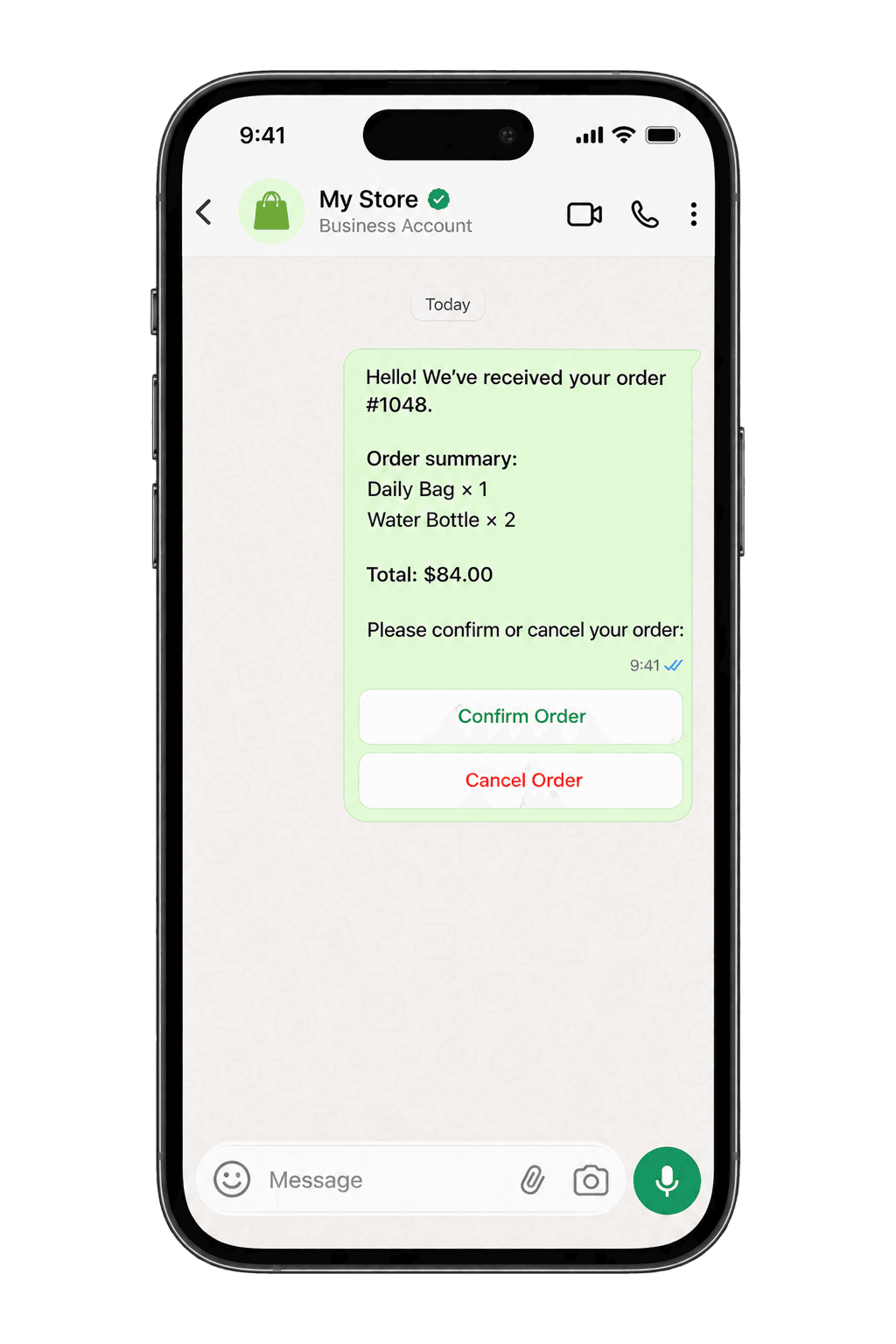 Phone showing a WhatsApp order-confirmation conversation